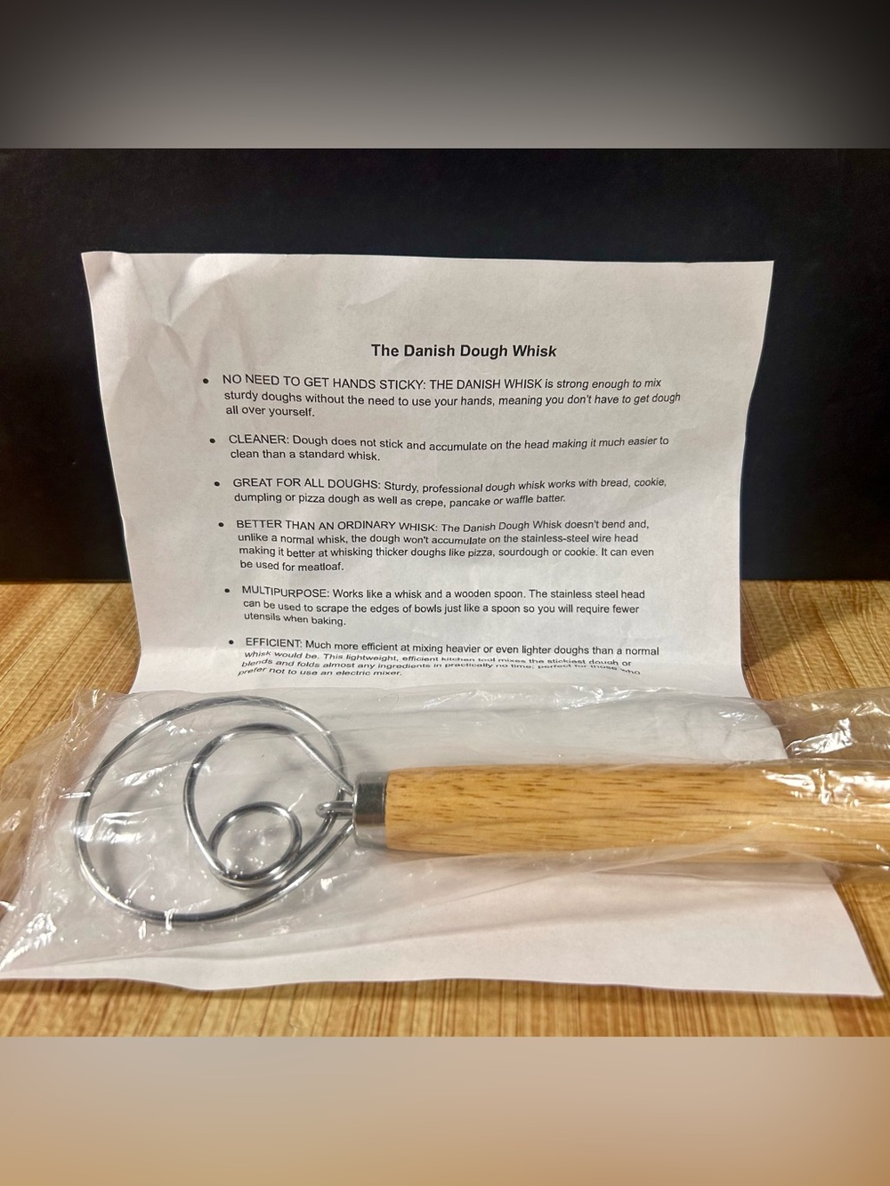 Danish Dough Whisk Manual Stainless Steel Coil Mixer Wood Handle Bread 13”